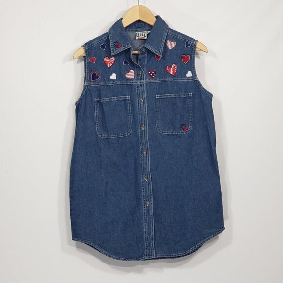 Quizz Again  Denim Sleeveless Button Down Shirt  Embroidered Hearts Valentines - Picture 1 of 4